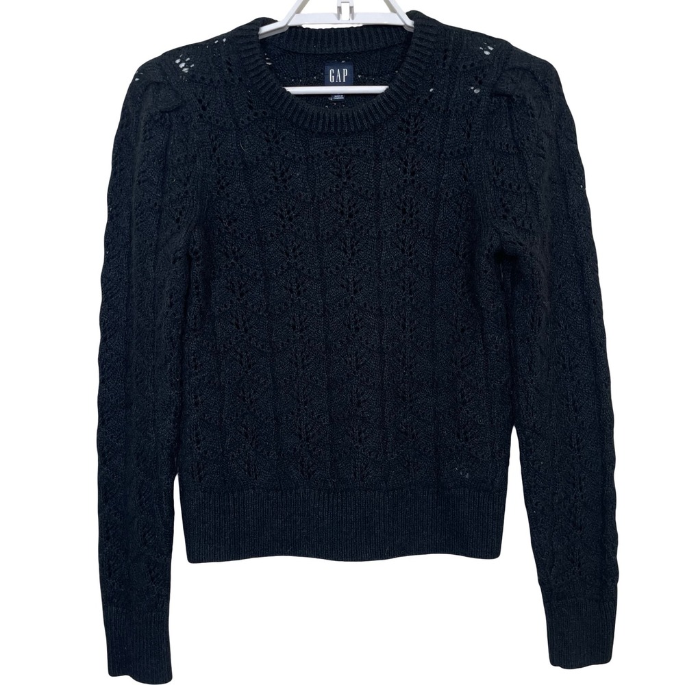 GAP Womens Black Cable Open Knit Sweater S Puff Sleeve Fisherman Wool‎ Blend